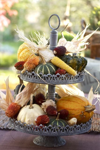 a refined metal stand with gourds, corn cobs and husks, pumpkins and dried blooms is a chic rustic decoration