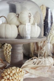 a wooden stand with white faux pumpkins and a cloche on top is a cool rustic decoration for the fall