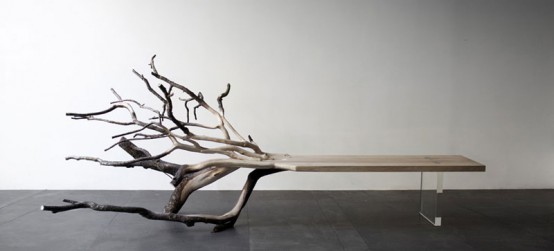 Fall Tree Bench From Glass And A Real Oak Tree