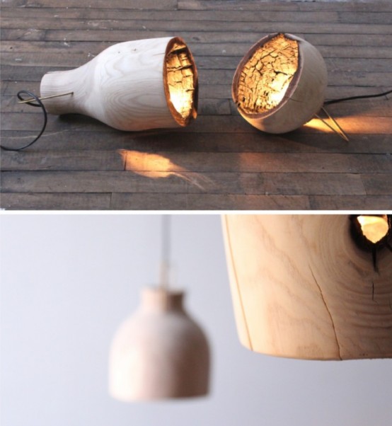 Fire Within A Wooden Pendant Light With A Burnt Interior