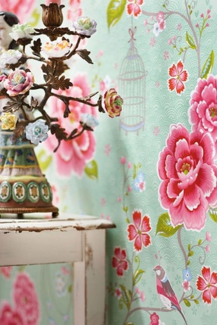 light green and pink floral wallpaper is a chic and bold idea for any space, you can make an accent wall with it