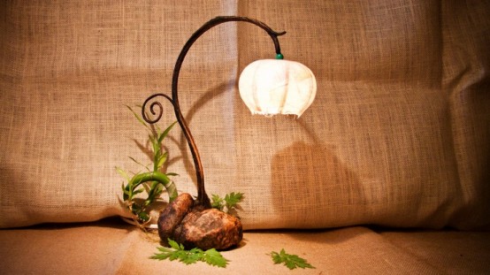 a floral table lamp of metal, rocks and a flower-shaped lampshade is a very creative and cool light