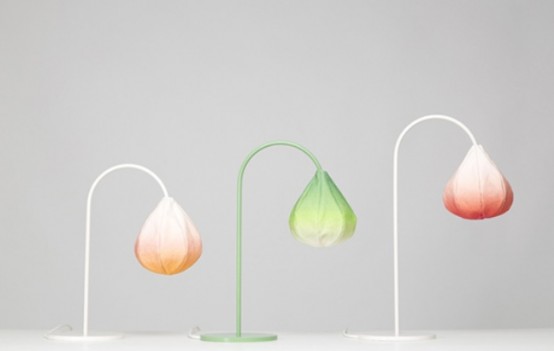 cool flower-inspired table lamps in various natural colors and with an ombre effect on the lampshade