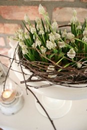 a bowl with a nest and white hyacinths is a beautiful spring arrangement or centerpiece with a rustic feel that can be used for Easter