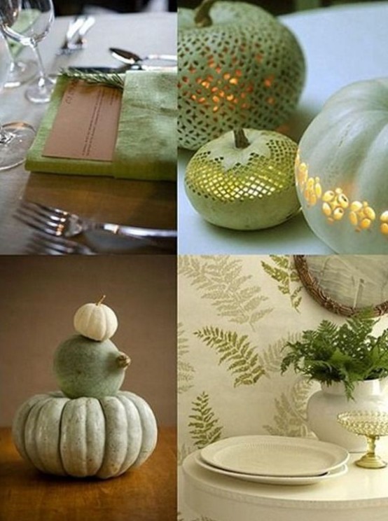 green pumpkins and green and white cutout pumpkins as candle lanterns, greenery arrangements and linens for chic Thanksgiving decor