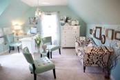 aqua walls and furniture paired with whites will create a light and airy feeling in your home office