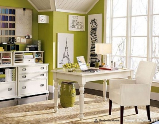 olive green walls and bright white in front of them will create a bold and fun space with a spring feel