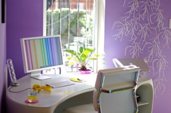 lilac wallpaper, lights on the wall and fresh greenery in a bright purple pot for a cool and fun spring-like look