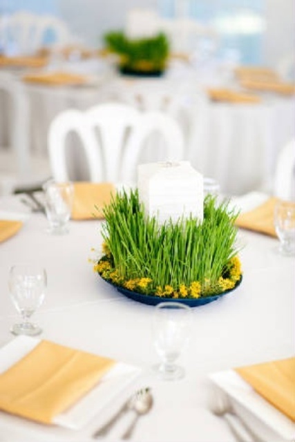 a pretty spring wedding centerpiece of wheatgrass in a bowl, with yellow blooms and a large candle in the center