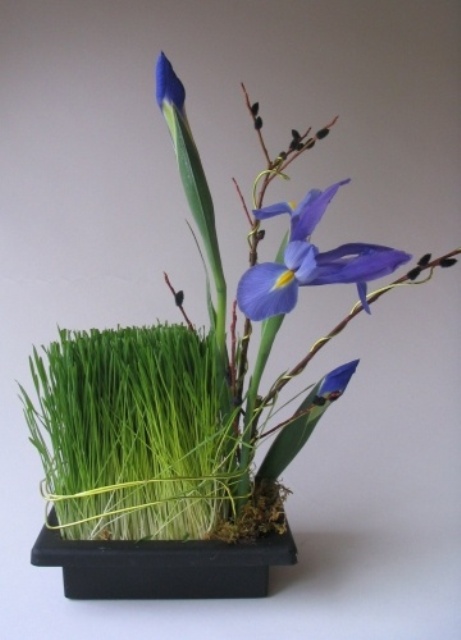 a stone square planter with wheatgrass, purple blooms and willow is a refined centerpiece or decoration