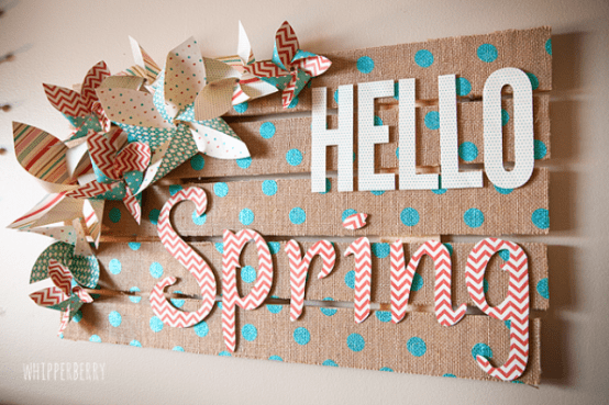 a bright spring sign with burlap polka dot ribbons, fabric and cardboard letters and paper flowers