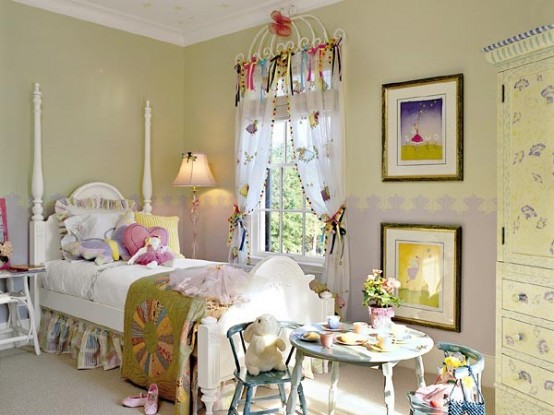 a whimsical pastel kid's room with yellow and lilac walls, a refined bed with pastel and neutral bedding, some furniture and beautiful decor