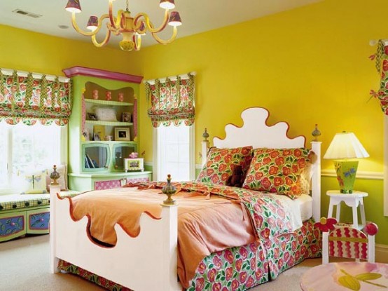 a super bright and whimsical kid's room with mustard walls, a carved bed with colorful bedding, a storage unit, colorful textiles and curtains