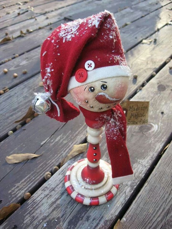 a vintage snowman head decoration of on a stand and with a large red hat is a pretty solution to rock at Christmas