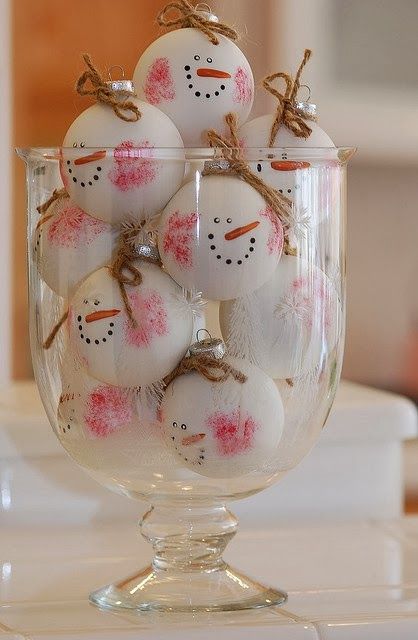 a tall bowl with snowman heads that are ornaments - decorate your Christmas tree with them to make the tree look amazing