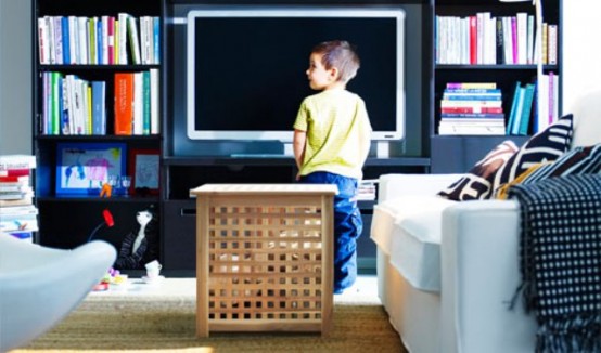 an IKEA Hol table as a coffee table in the living room, with much storage space and a countertop