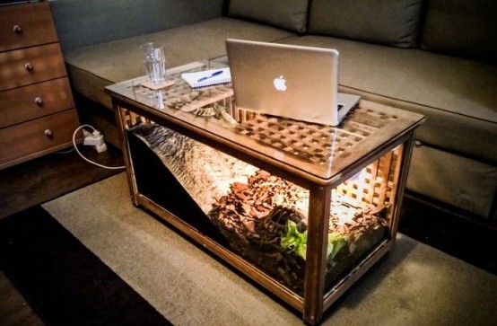 an IKEA Hol table transformed into a turtle terrarium with light, it doubles as a coffee table in the living room