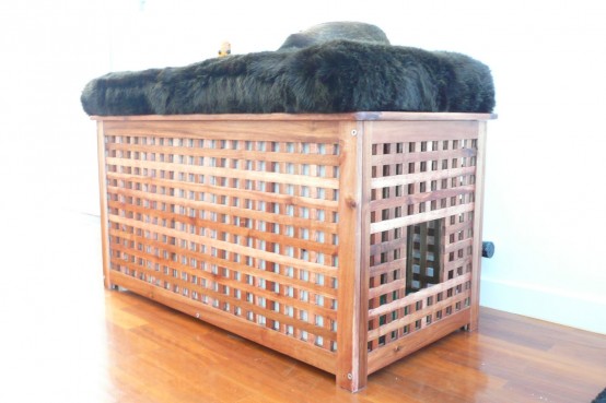 an IKEA Hol table in the entryway with a pet bed inside and an additional fluffy bed on top