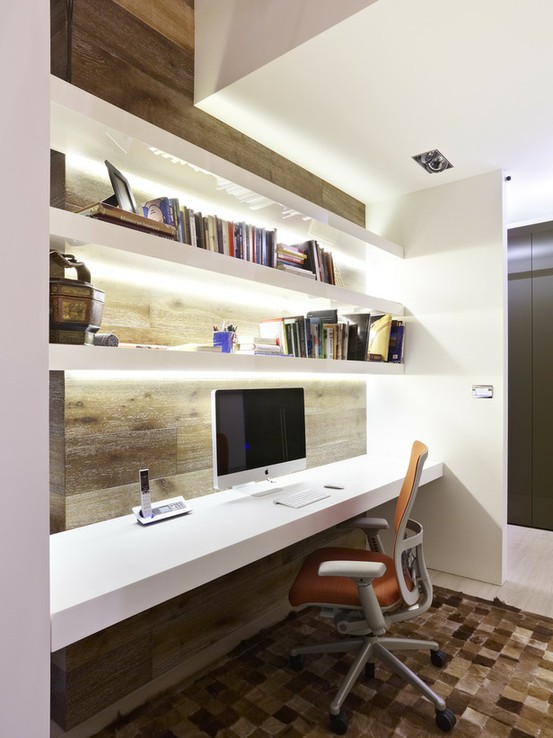 Futuristc long and narrow home office design.
