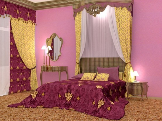 a glam purple, pink and gold glam bedroom with an upholstered bed, printed curtains and very elegant furniture
