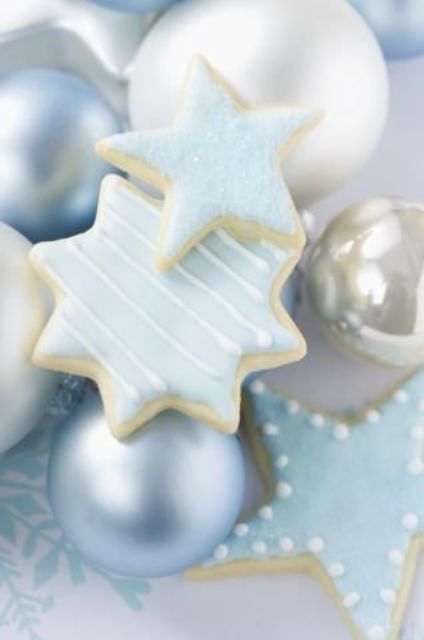 pastel blue and pearly ornaments plus matching aqua Christmas cookies for decor and setting the table in pastels