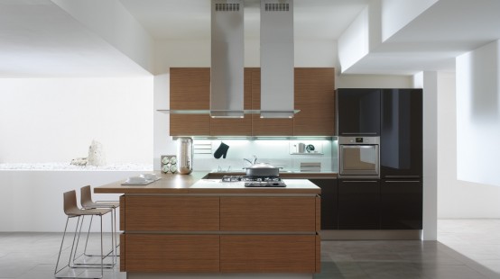 Glossy Black and White Kitchens with Wooden Elements – Oyster by Veneta Cucine