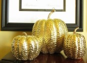 gold thumbtack decorated pumpkins will be nice and shiny decorations for Thanksgiving