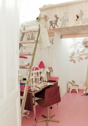 a Scandi meets shabby chic girl’s room with a raised bed with a ladder, a stained desk and a chair, lights and fun wooden toys