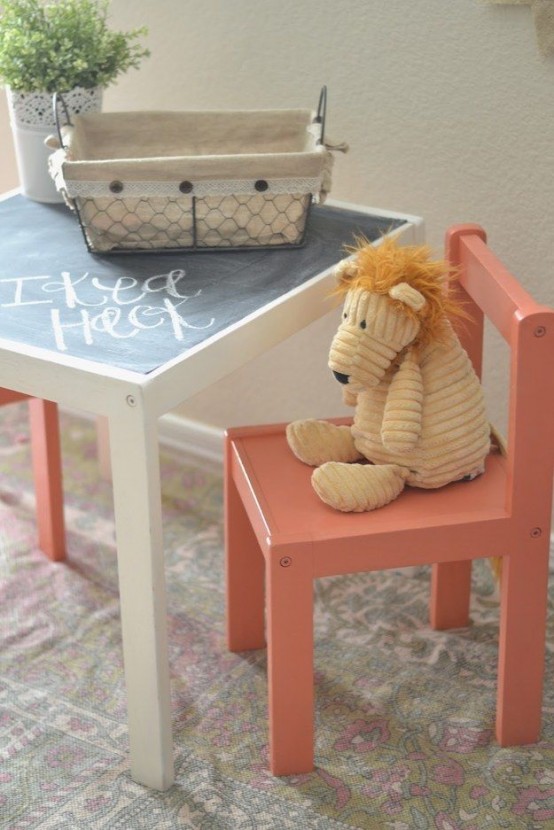 an IKEA Lack table with a chalkboard tabletop is a lovely idea for a kids' room, they will use it for chalking art and not only