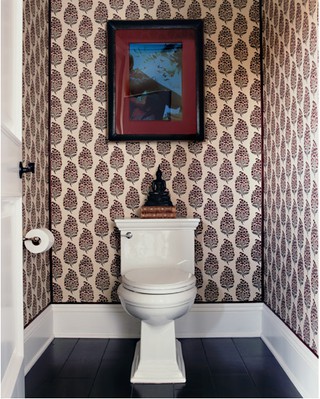 a small guest look with printed wallpaper, an artwork is a cool idea with everything necessary