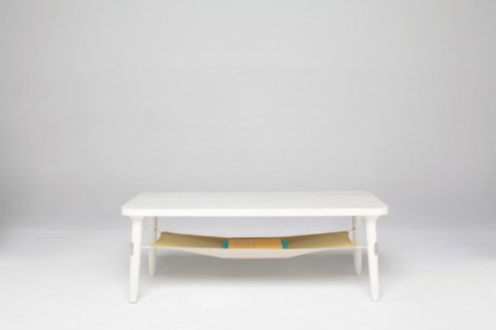 Hammock Table And Dowel Chair Decorated With Bright Fabric