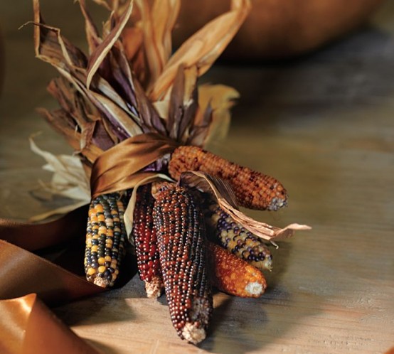 a corn cobs arrangement with a silk ribbon is a lovely idea for outdoor or indoor Thanksgiving decor