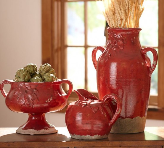 burgundy porcelain jugs, vases and sugar pots with wheat, artichokes are amazing for vintage and rustic Thanksgiving decor
