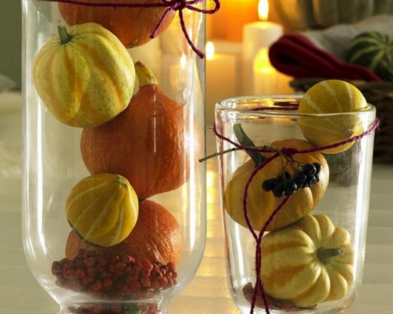 clear glasses with gourds and pumpkins for natural fall or Thanksgiving decor look amazing and are easy to make