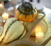 neutral pumpkins and gourds, candles and antlers for decorating for fall or Thanksgiving – a nice centerpiece or just decoration