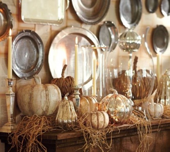 natural and mercury glass pumpkins, hay and candles in metallic candleholders are beautiful for rustic and vintage ome decor
