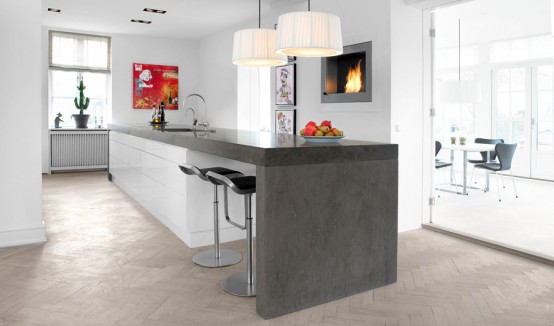High Gloss White With Stone Kitchen