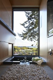 a small and welcoming home space with a hot tub and a floor to ceiling window to enjoy the views, with plywood clad walls and a fluffy rug