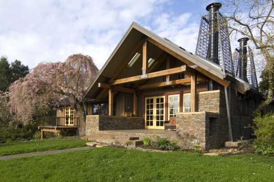 House With Natural Wood And Stone Interior And Exterior