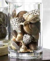 a glass with seashells is a nice idea of a centerpiece or decoration for indoors or outdoors