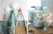 seashell hooks on the wall and a jar with sand and seashells to give a coastal or beach feel to the space