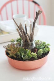 a pink bowl with succulents and a jar with driftwood in the center is a very creative decoration to go for