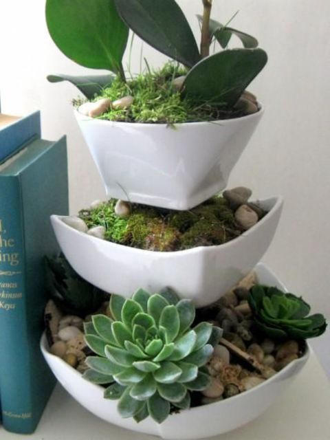 a tiered planter with pebbles and succulents is a stylish and modern idea to go for
