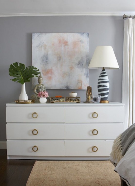 style your Malm dresser with brass ring pulls to make it look glam and timeless