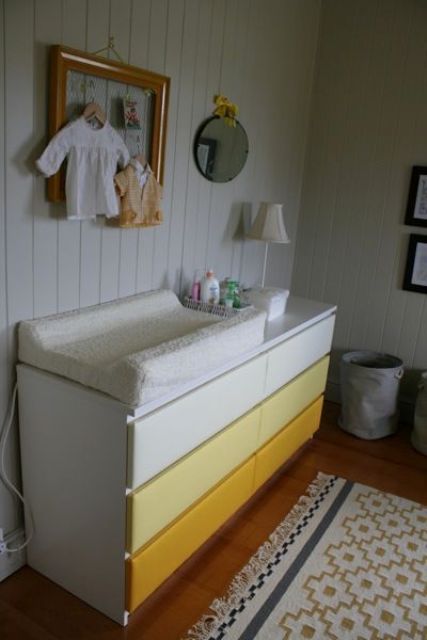 an ombre IKEA Malm hack from white to bright yellow is a cool idea for a kids' space