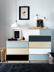 a simple IKEA Malm dresser hack with white, blue and black paints on different drawers