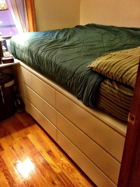 build in some IKEA Malm dressers under the bed to maximize the storage space without cluttering the room