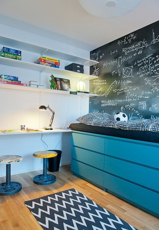 a kids' bed placed on turquoise IKEA Malm dressers maximizes the storage space without cluttering the room