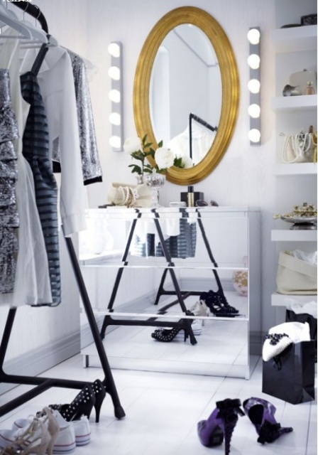 a glam and bold IKEA Malm dresser hack with mirrors all over is a cool idea for a closet