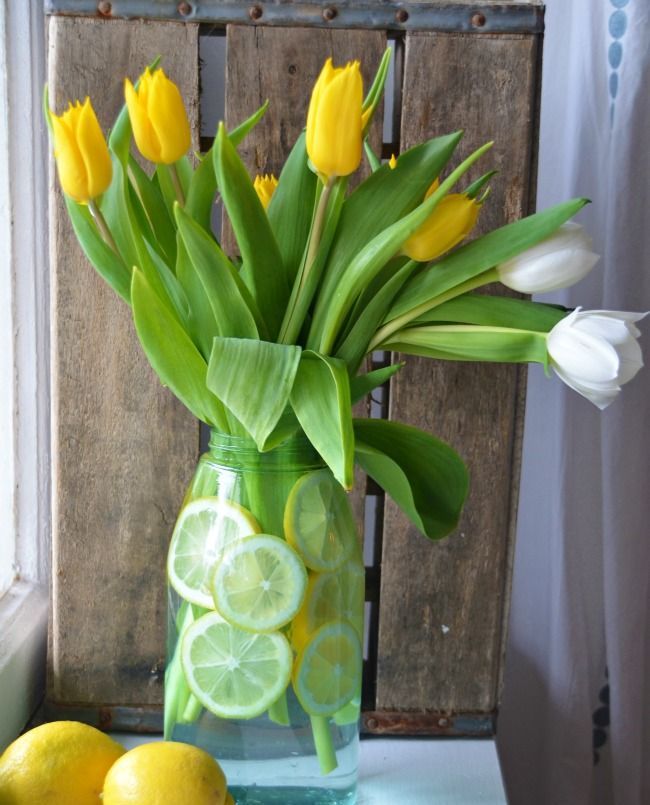 a clear vase with citrus slices and white and yellow tulips is a bright and cheerful spring centerpiece